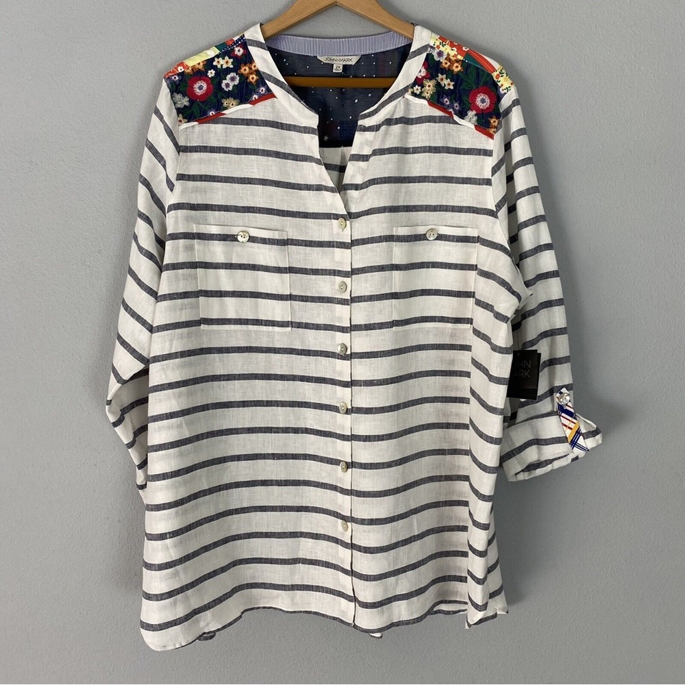 John Mark linen button down top with floral embroidery size 3x